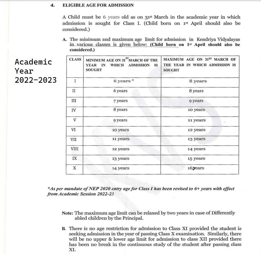 Kendriya Vidyalaya Class 1 Admission New Age Table 2023-24