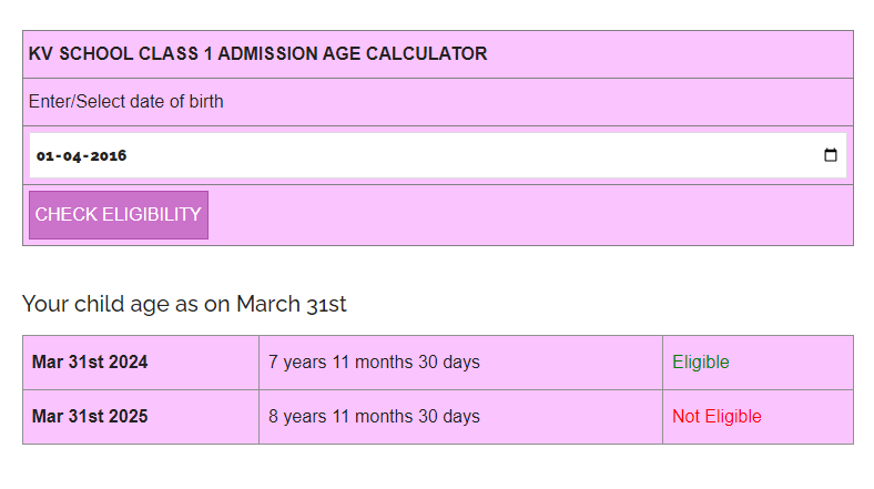 KVS Admission Age Eligibility Checking Calculator